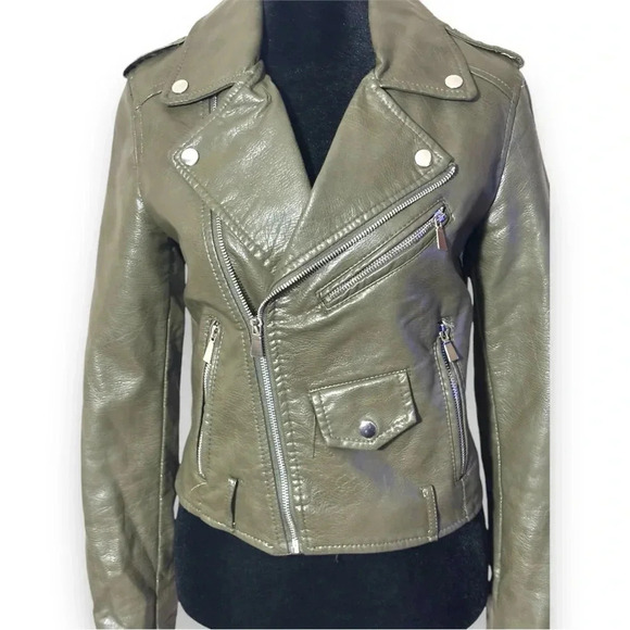 Flamant Rose Olive Green Cropped Silver Hardware Details Faux Leather Jacket - Picture 4 of 16